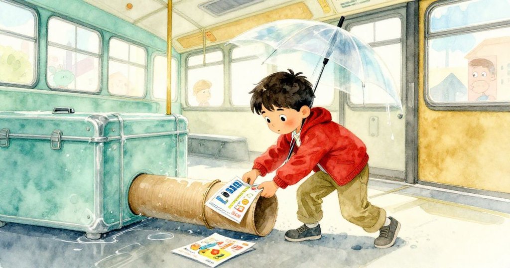 Dorian在巴士內迅速推動傘和亮面傳單固定紙板管，細緻物件浮現如水中倒影，透露即將發生的小混亂。