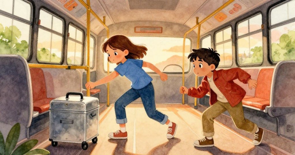 Tess穩穩阻止滾動的金屬便當箱，Dorian迅速拔回夾克，兩人流露出緊張與安心表情，情節達到高潮。