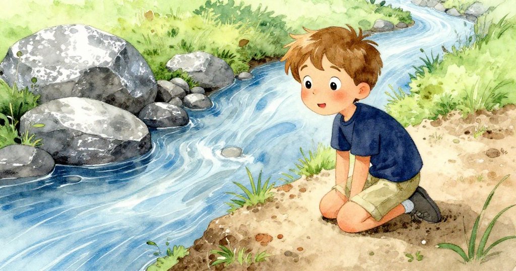 Axel蹲在黏土溪岸上，凝視岩石間閃爍銀色光點，背景有野花和水流，神情充滿好奇與期待。