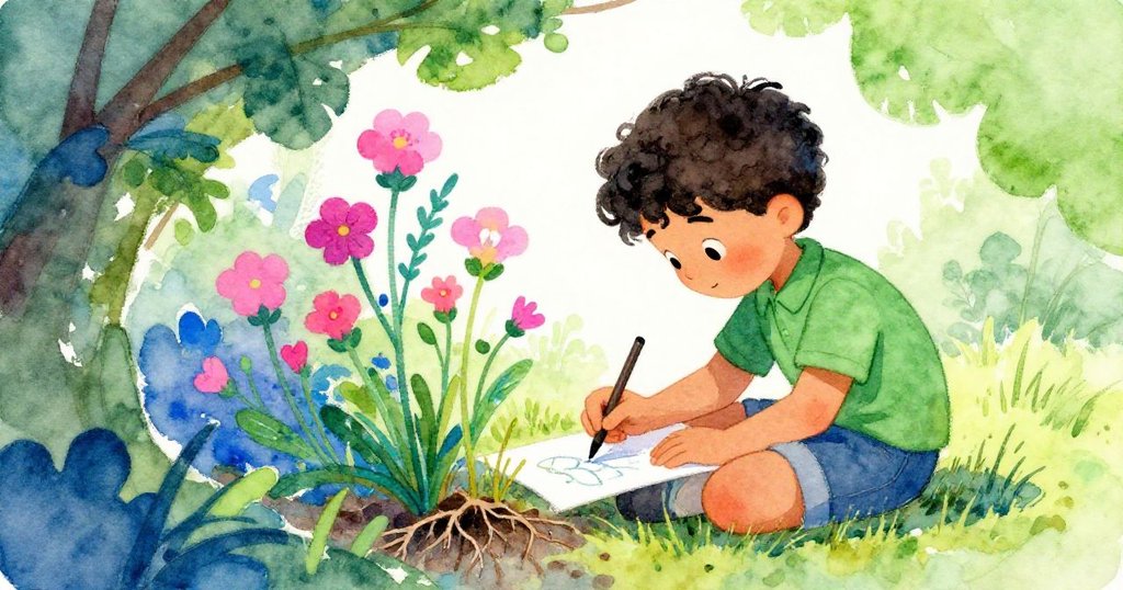 Fraser透過樹葉縫隙專注畫著溪岸野花與樹根，神情投入，展示創作時的細膩情感和自然美景。