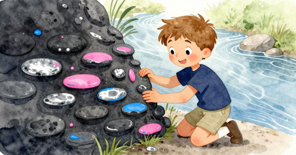 Axel專注建造泥牆，手中捏泥緊扣石板裂縫，水流激盪交織，背景呈現懷舊色調與自然光影的動感。