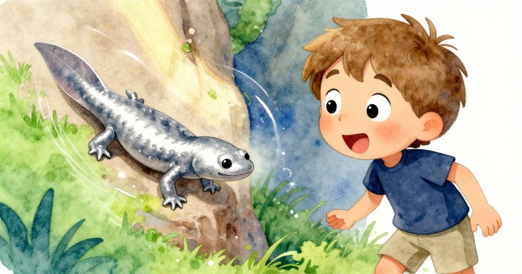 Axel驚訝凝視石牆旁閃爍的新生物，新生物細小腿部清晰可見，水流旋轉映出動態，情緒在高潮中展現。