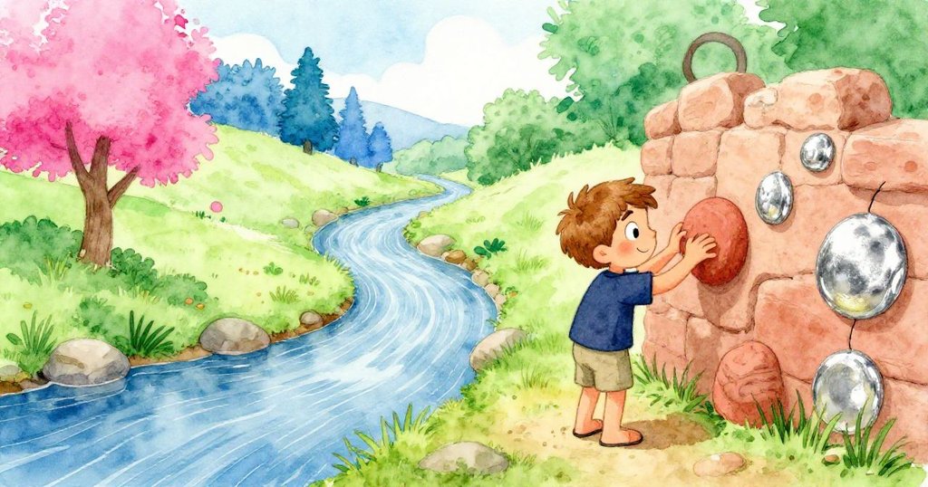 Axel平靜修補泥牆下半部，留出細縫讓小生物通行，步向乾地，陽光和諧映照溪流，結尾展現大自然與創作的融合。