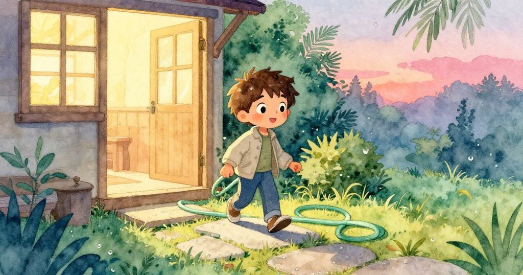 Eli 手持空罐與金屬瓶蓋,在夕光中步向充滿露珠的庭院小徑,神情充滿期待與冒險喜悅。