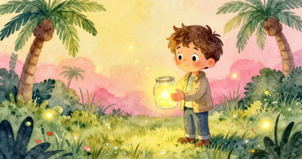 Eli 在胸前持瓶,小心傾斜散發流動光環,捕捉螢火蟲好奇飛近,畫面從小生物視角展現奇妙光影。