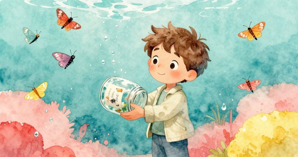 Eli 握持傾斜瓶子時,周圍飛舞著閃光蛾子和露珠,呈現宛如水下夢幻般的動感場景,表情略帶緊張。