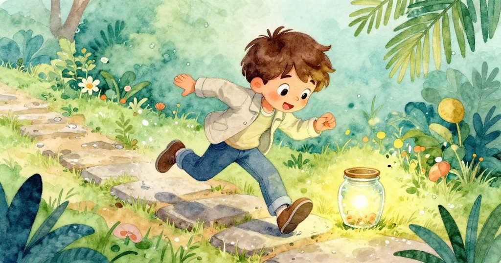 Eli 在濕滑草地上急速調整身型,臉上透露緊張與堅定目光,努力捕捉反射光中跳動的螢火蟲。