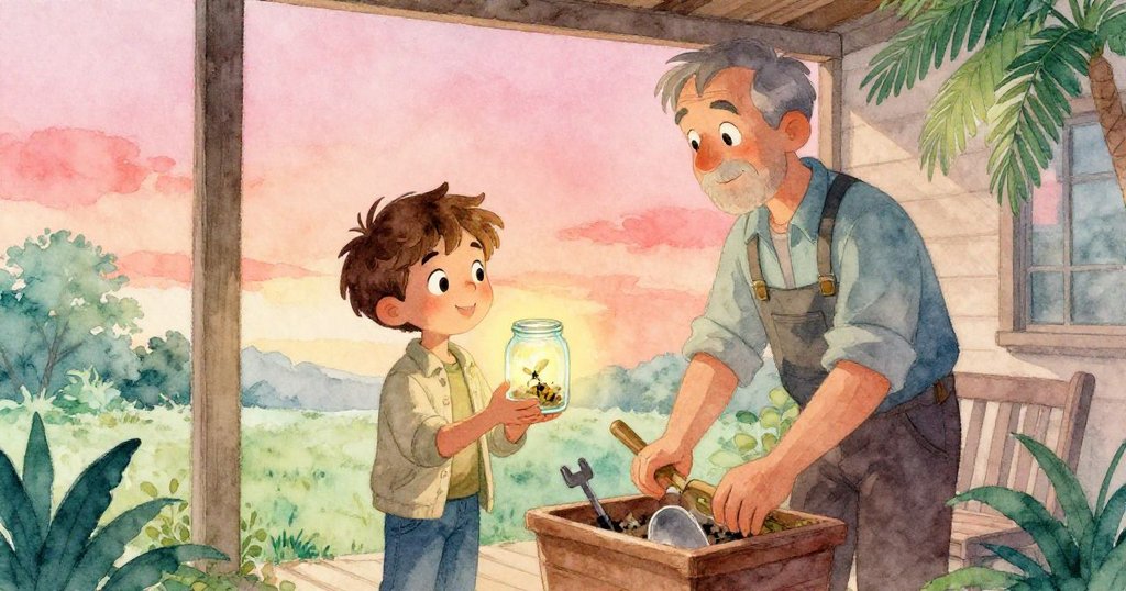 Eli 與叔叔在露臺重聚,Eli 小心持著發光瓶罐,叔叔整理園藝工具,場景溫馨安穩,迎接夜幕降臨。