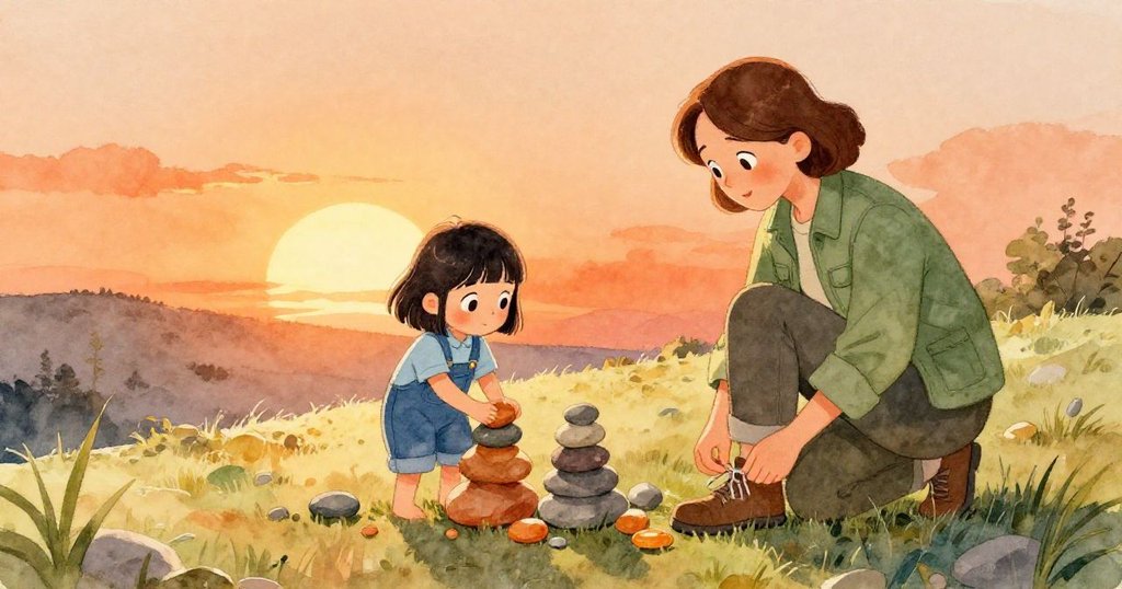 Blythe在山坡上堆砌石塊，Ada蹲下繫鞋帶，陽光灑落散石呈金色光澤，場景溫暖生動。