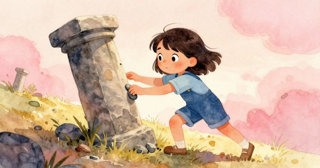 Blythe低角度面對搖晃石塔，細心插入小卵石楔，風輕拂過山坡，神情專注堅定。