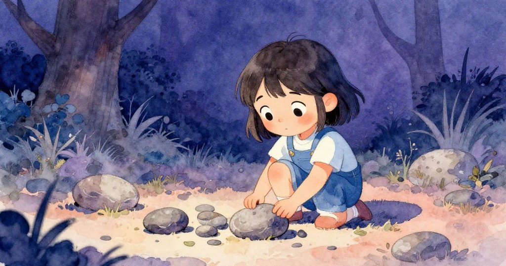 Blythe凝視著散落石子，回味以往堆砌經驗，神情深沉於淡紫與靛藍色調的戶外場景。