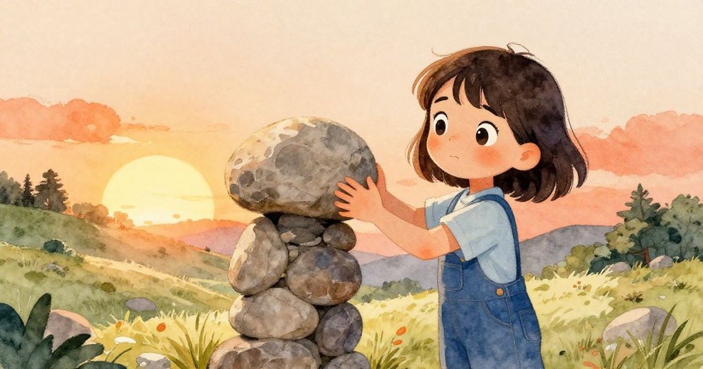 Blythe果斷舉起頂石，臉上滿是堅定，準備完成層疊石塔，夕陽映照下風中律動溫暖生動。