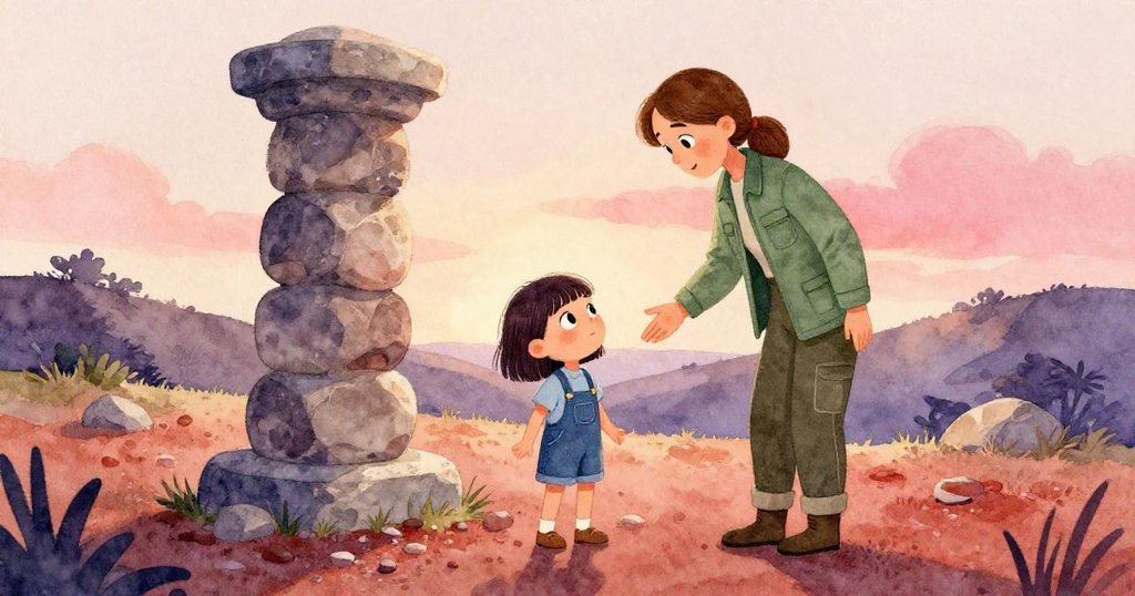 Blythe完成石塔後回向Ada，兩人相聚滿意微笑，山坡上紅色碎石隨風輕顫，場景溫馨圓滿。