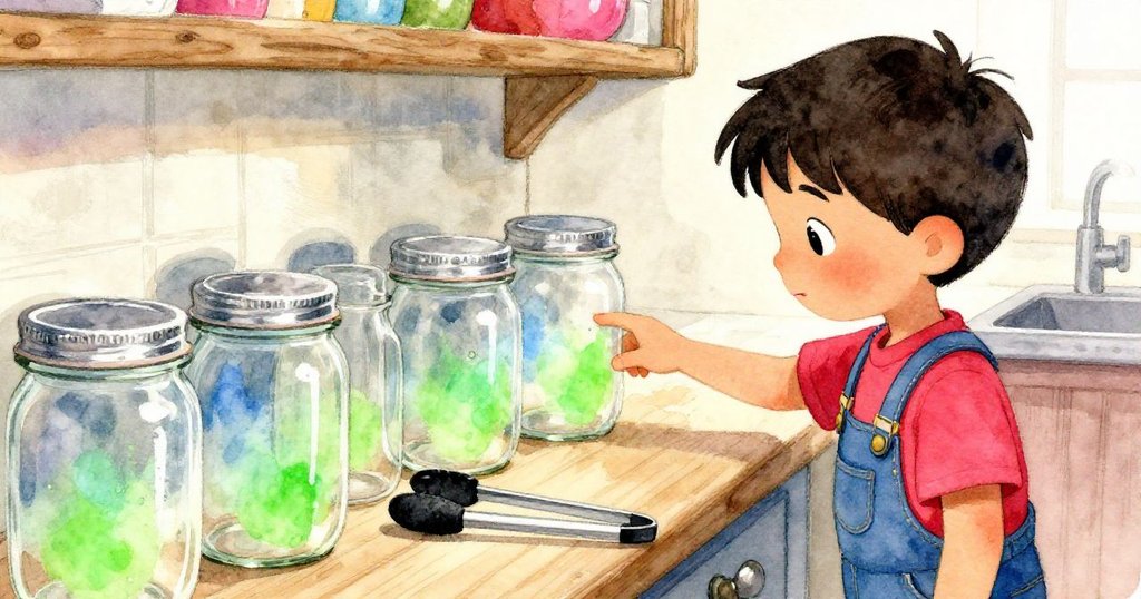 Ned在溫暖的家庭廚房中輕觸空罐子,神情專注,背景展示木製工作台與橡膠工具,傳遞出手作的溫馨感。