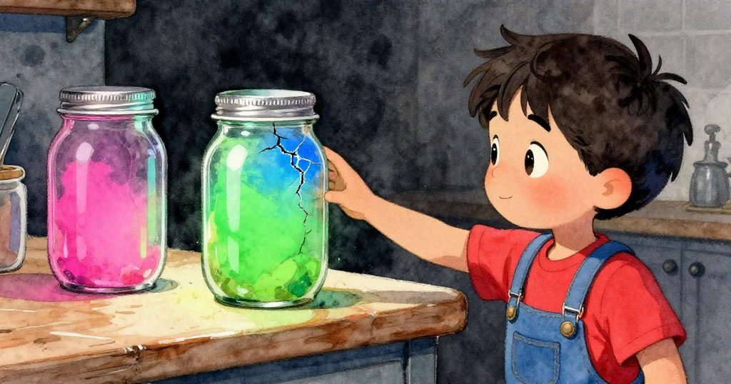 Ned伸手抓取滑落中帶裂痕的玻璃罐,與完整罐子形成鮮明對比,展現出動作與緊張氣氛的廚房場景。