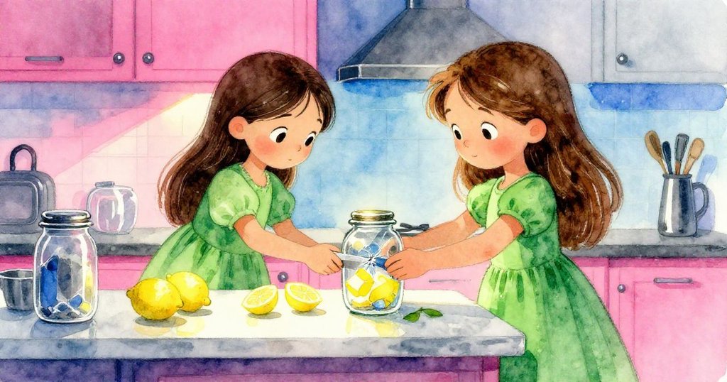 Winona在廚房準備臺前削檸檬皮,驚訝凝視著帶裂痕的玻璃罐,眼神充滿好奇與期待,溫馨光線映襯。