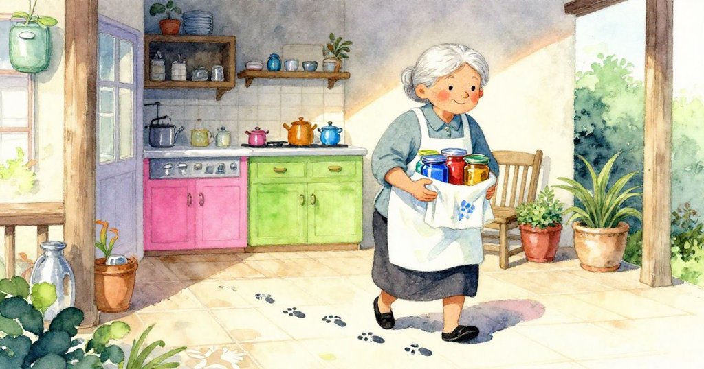 Grandmother從門外歸來,手提用毛巾包裹的新罐子,踏進廚房時濕漉漉的足跡映出家的溫馨與連結。