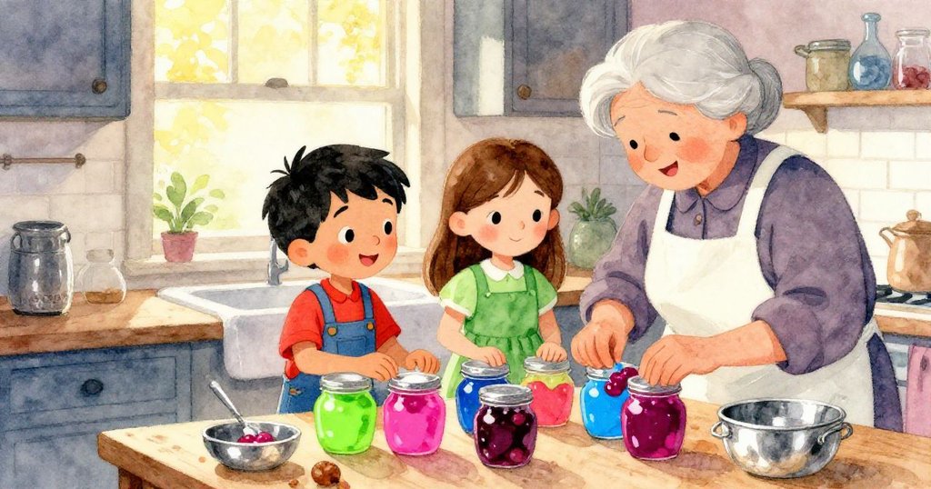 Ned、Winona與Grandmother齊心封罐完畢,臉上流露出欣慰笑容,溫暖廚房中彌漫著柔和的琥珀光芒,傳達團圓幸福。