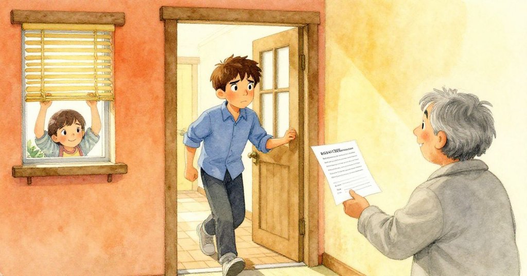 Reed走向敞開的門迎接進來的鄰居，窗邊罐子和Lucia調整百葉窗，室內燈光溫暖充滿生活氣息。