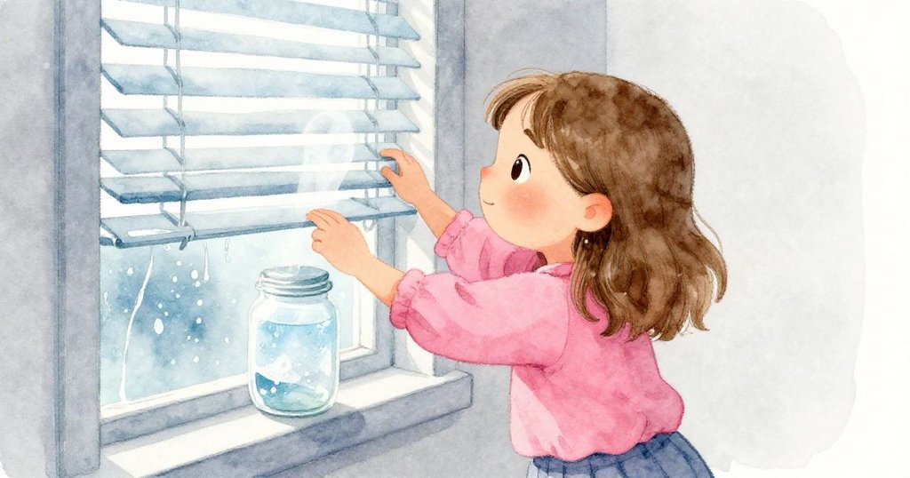 Lucia在窗邊調整百葉窗，冷風吹入令罐子表面凝結霜花，室內外溫差明顯呈現清涼季節氛圍。