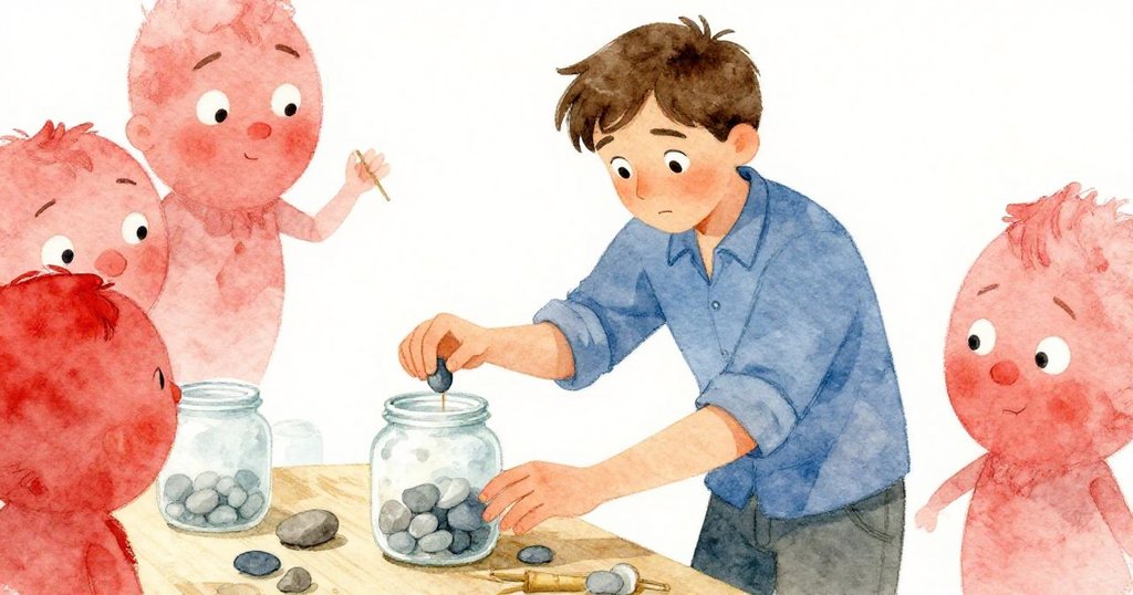 Reed回到工作站，小心觸摸冰冷罐子並用竹籤微調石子，面部神情流露掙扎與決心，場景充滿細膩情緒。