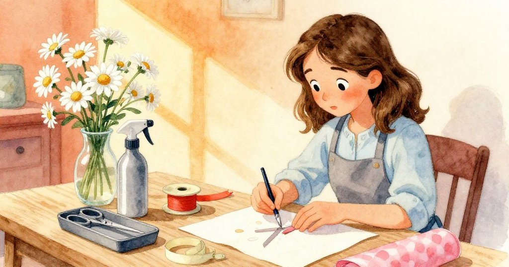 Alma在光影交錯的包裝桌前整理器具與花朵，臉上帶有專注與微妙期待的表情，環境中充滿戲劇對比。