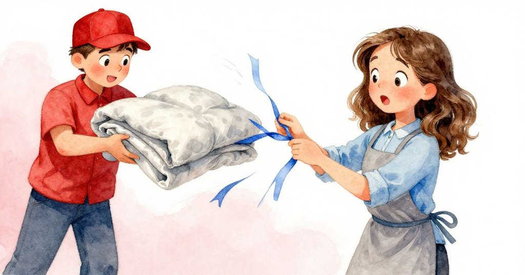 快遞員進入包裝桌時輕放襯被，捲繞絲帶受影響變化，Alma神情驚訝手部動作充滿動感。