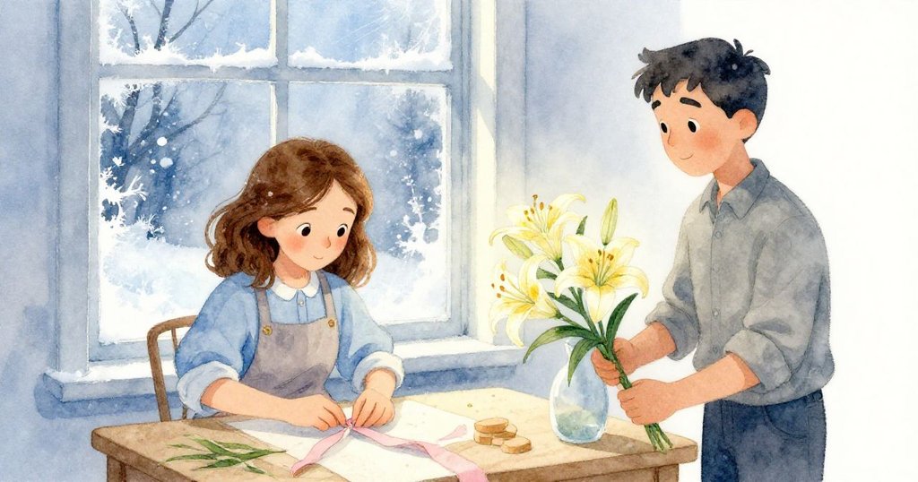 在冬日微寒光影下，Owen端著百合花走向Alma，包裝桌上絲帶與花朵細節展現季節感與堅持努力。