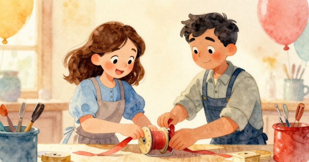 Alma與Owen攜手合作解決絲帶難題，臉上流露欣慰與快樂，明亮溫暖光線下共同慶祝成果。