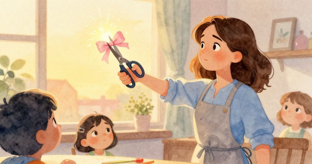 金色夕陽照射下，Alma淡定伸手取剪刀，完成的禮物蝴蝶結在溫暖光影中閃耀，環境安詳美好。