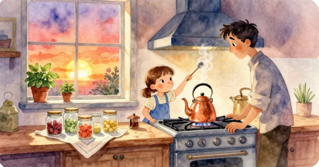 Gwen在廚房用長湯匙平穩舉起冒汽的銅壺，Trent注視瓦斯旋鈕，背景有整齊排列的罐子和薄荷，場景溫馨生動