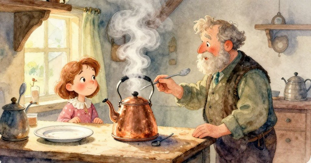 Gwen的手在用溫柔的動作攪拌冒泡的銅壺，細節中糖和紅寶石般果汁熠熠生輝，畫面溫暖細膩