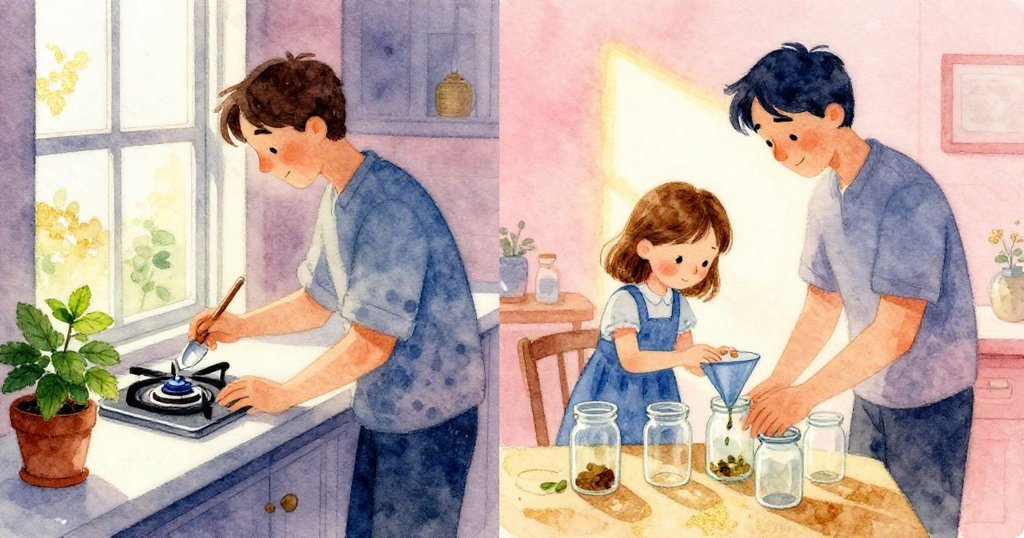 Trent在左側專注檢查瓦斯旋鈕，窗台上的鏟子反射光芒；Gwen在右側細心排列罐子，準備用漏斗灌裝，雙邊畫面溫暖協調