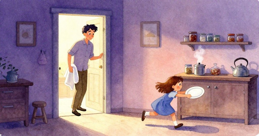 Trent拿著毛巾朝門口走去迎接來客，Gwen迅速將冰盤擺到銅壺旁並排列罐子，轉換空間中流露出期待與忙碌感