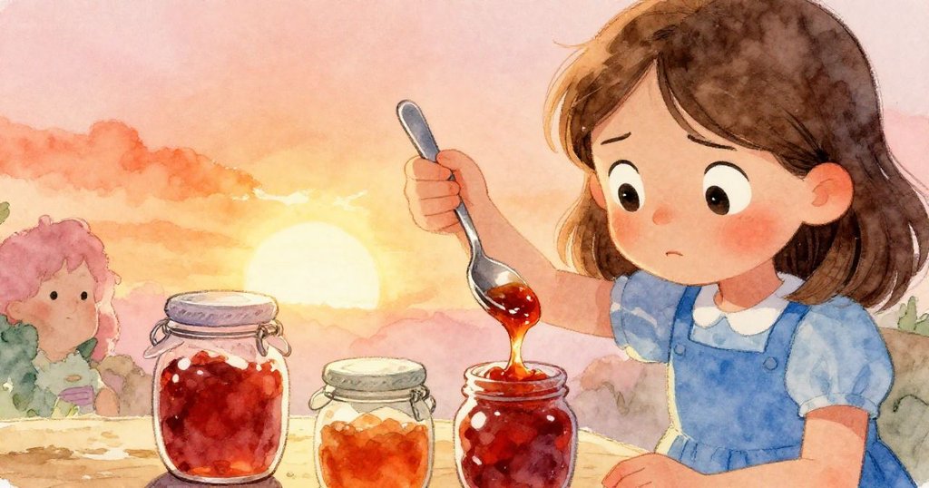 Gwen專注測試果醬滴落，臉上流露決心與焦慮，她用手指規劃僅利用三個罐子，近距離展現細膩情感