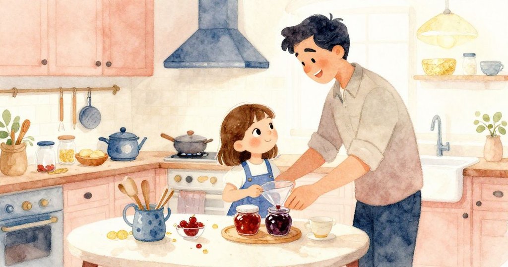 Gwen專心將濃稠果醬倒入罐中，Trent回來微笑協助，充滿暖意的廚房展示努力結束時的寧靜與滿足