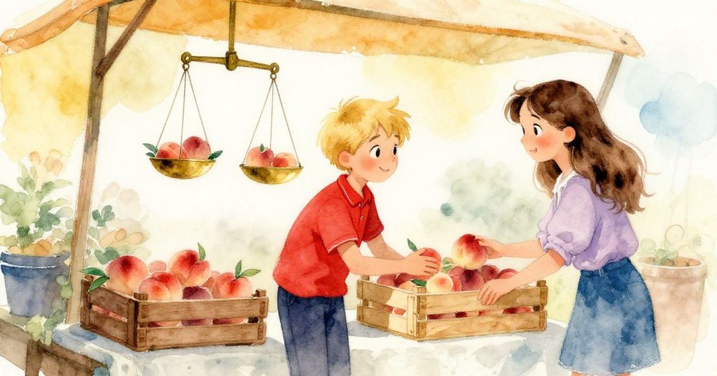 艾瑞克與莉娜在晨霧籠罩的市場中忙碌檢查銅秤、水果箱及噴霧瓶，神情專注溫暖展開一天。