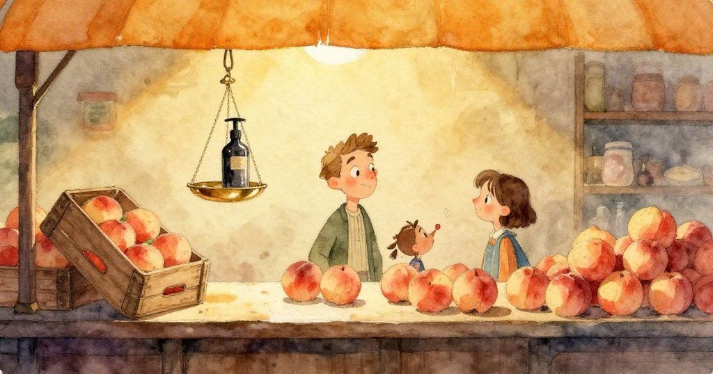 艾瑞克伸手取桃，單顆桃子在陽光與空隙中滑動，露出冷凝水珠及稻草痕跡，細節生動。