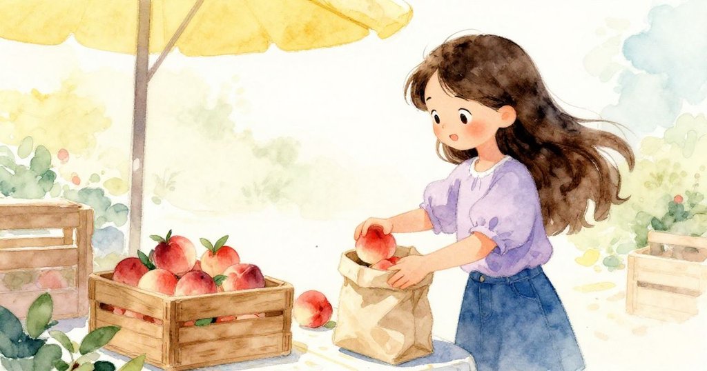 莉娜站在敞開的市場攤位旁，專心將兩顆桃子放入新紙袋中，陽光灑落、微風輕拂，神情柔和。