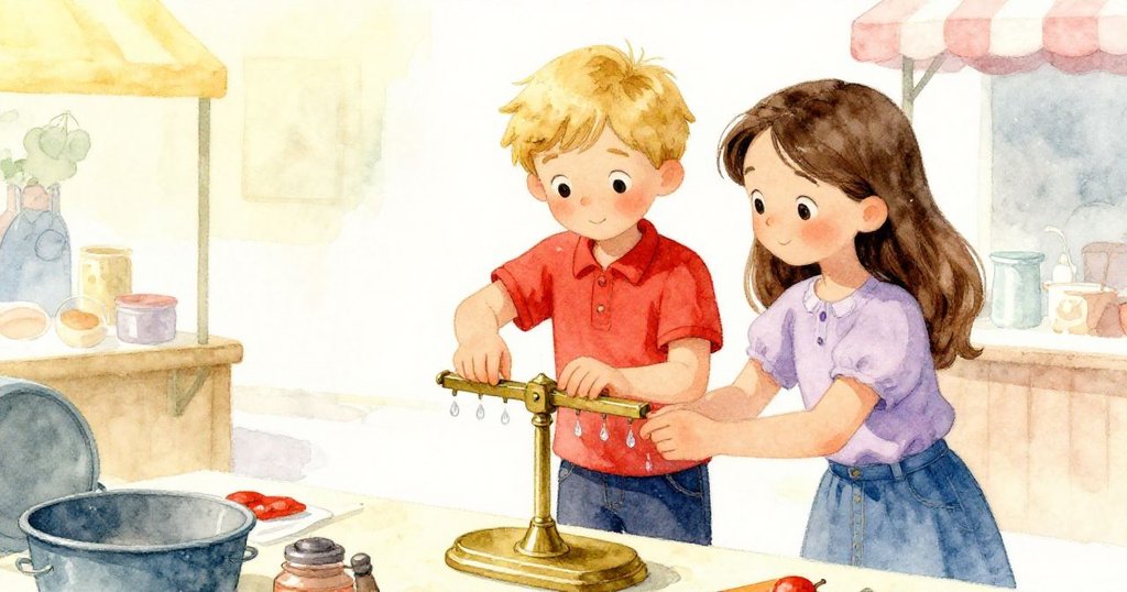 艾瑞克與莉娜並肩調整銅秤，溫柔地觀察滴水聚集，彼此合作迎接挑戰，臉上洋溢著希望。