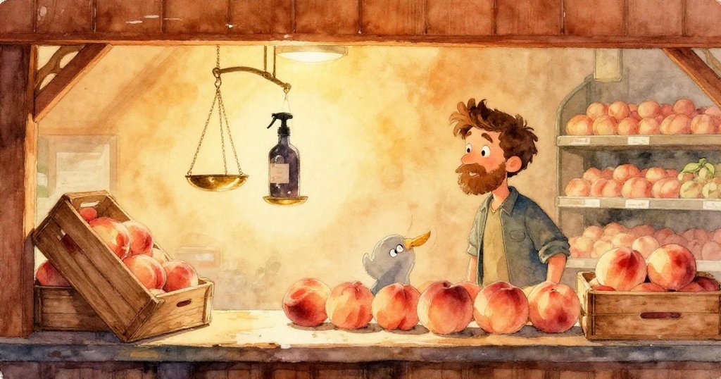 銅秤上滴水細緻滑動，桃子的殘影若隱若現，畫面神秘誘人，彷彿預示未完待續的奇遇。