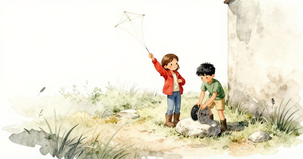 Tatum拿著風箏手柄，Zane跪在石凳旁整理線軸，草地上風起，兩人表情專注，展現冒險開始。