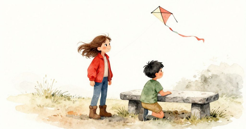 Tatum與Zane在草地上協作，Tatum穩定風箏線，Zane在石凳旁整理線圈，午後陽光下冒險展開。