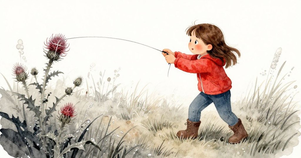 從高角度看，Tatum緊握風箏線試圖擺脫荊棘，臉上表現著緊張與決心，自然背景細膩呈現。