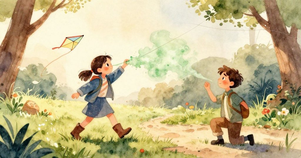 Zane在露珠映襯下小心修補風箏線，受損纖維仿如水面在微光中浮動，展現夢幻般修復情景。