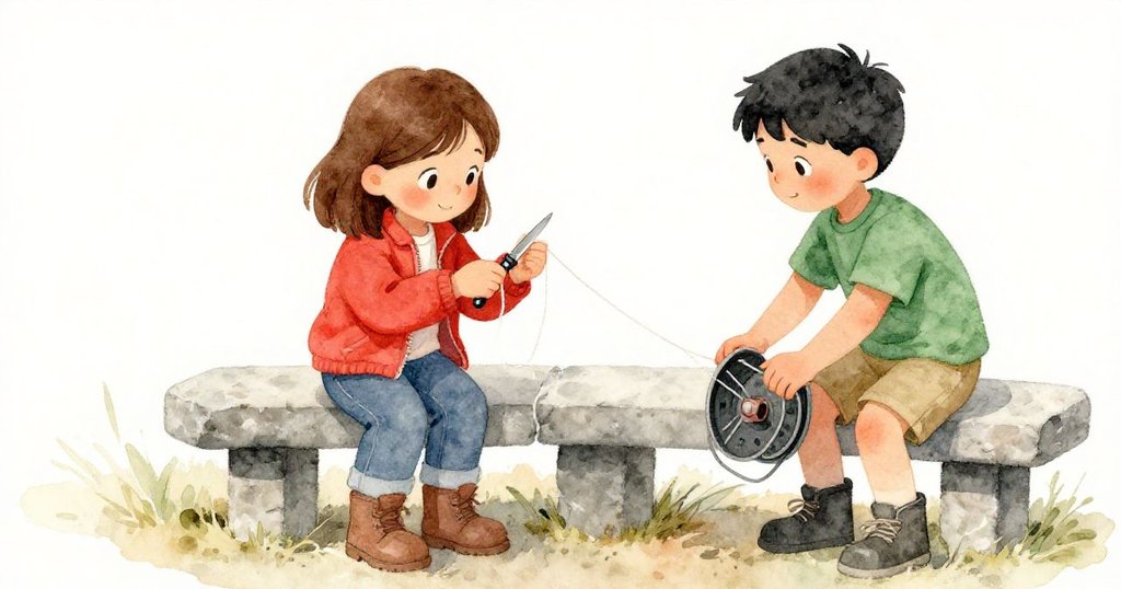 Tatum與Zane密切合作，Zane用小刀修補風箏線斷裂處，Tatum穩固拿著線軸，臉上充滿決心。