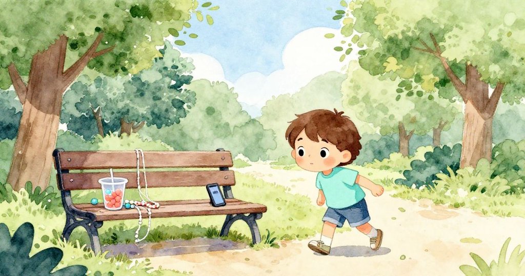 公園內柔和陽光灑落，棕髮的Quinn好奇走向長椅，背景有綠樹和藍天，充滿探索的期待。