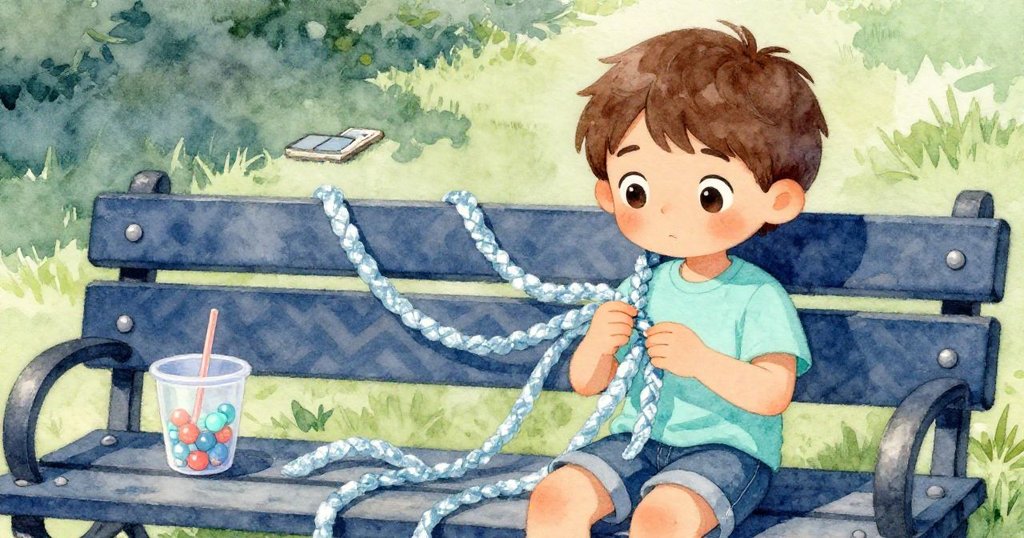 Quinn專注編織手環，手中六條蠟線交織出銀藍光澤，旁邊有塑料珠杯，展現巧思與細膩動作。