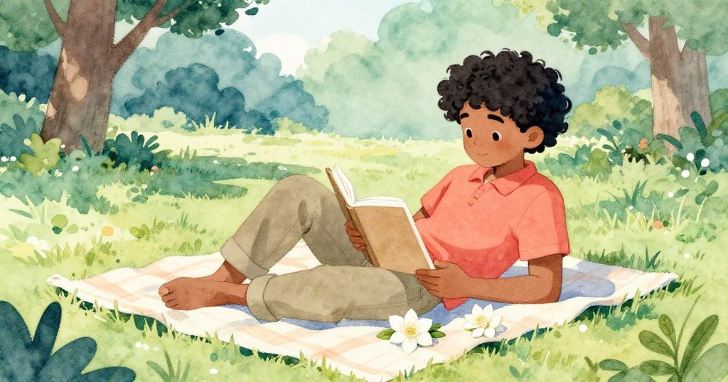 Harris坐於草地毯上，悠閒閱讀，白色栀子花靜臥其旁，公園環境寧靜溫暖。