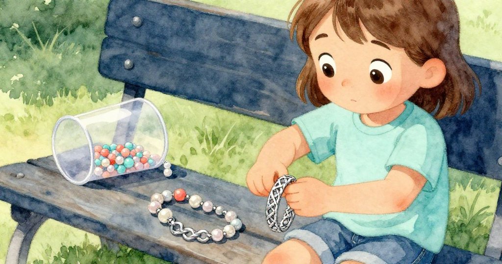 Quinn翻轉完成的手環，展現銀色馬賽克般的結織圖案，神情滿足而沉思，背景中珠杯靜臥長椅上。